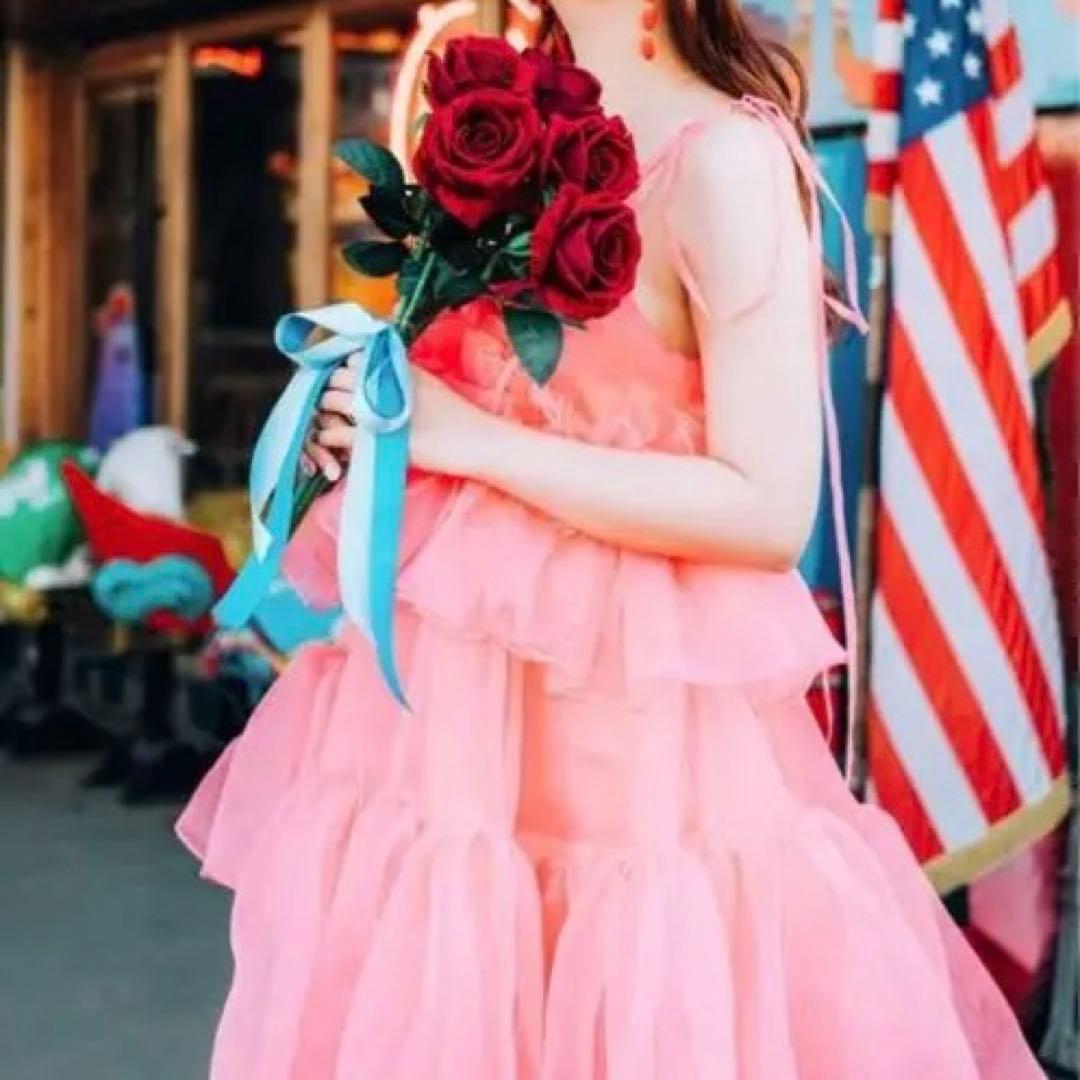 ピンク ティアードドレス チュール