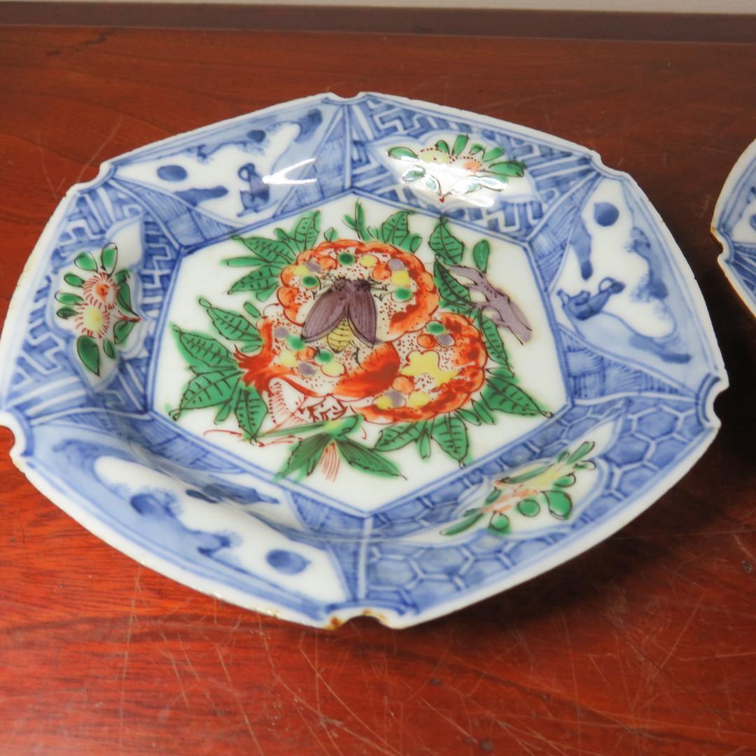 六角皿 2枚 色絵付 ザクロ セミ 染付 変形皿 蔵出し初荷 極美品 その2