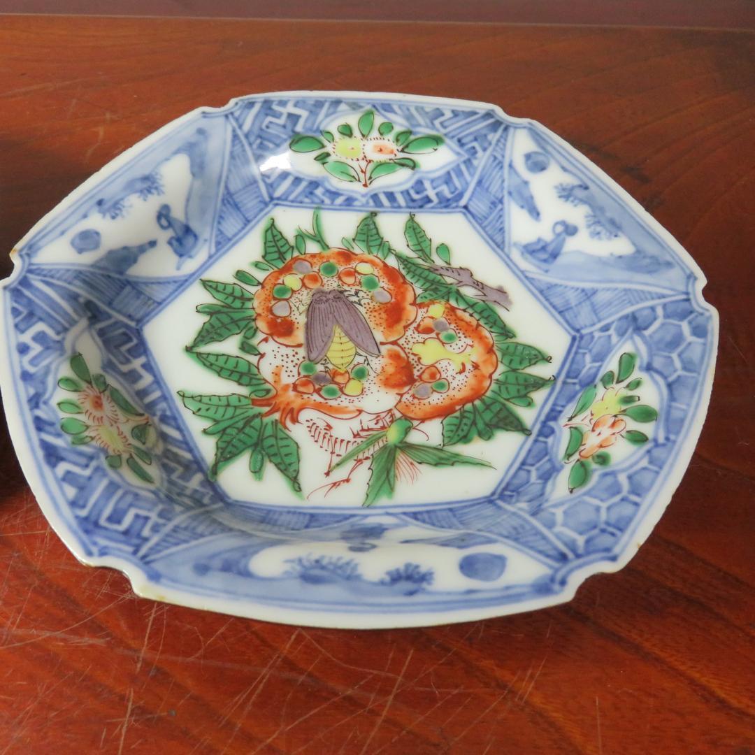 六角皿 2枚 色絵付 ザクロ セミ 染付 変形皿 蔵出し初荷 極美品 その2