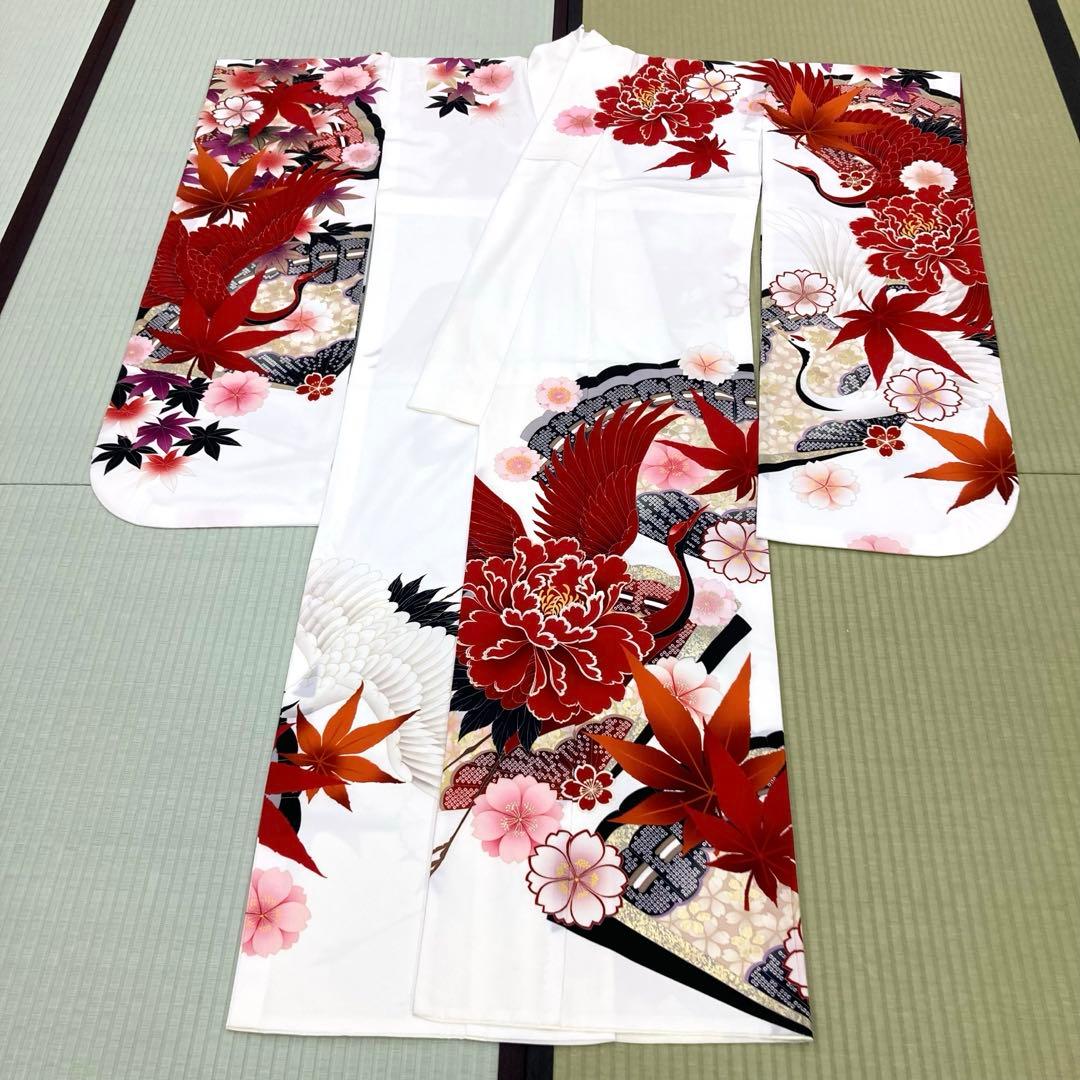 ☆中古品☆振袖　単品　化繊　ジャパンスタイル　白地鶴模様振袖