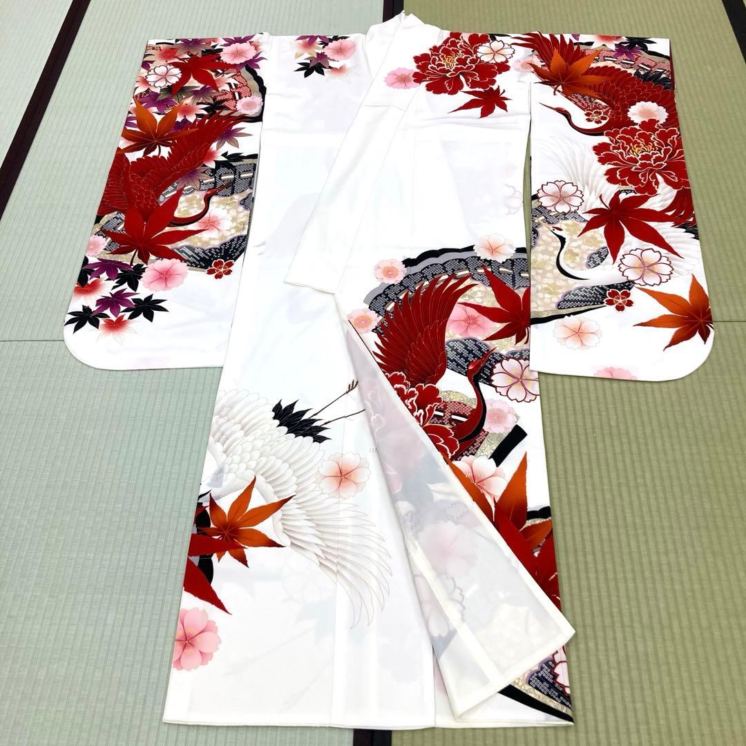 ☆中古品☆振袖　単品　化繊　ジャパンスタイル　白地鶴模様振袖