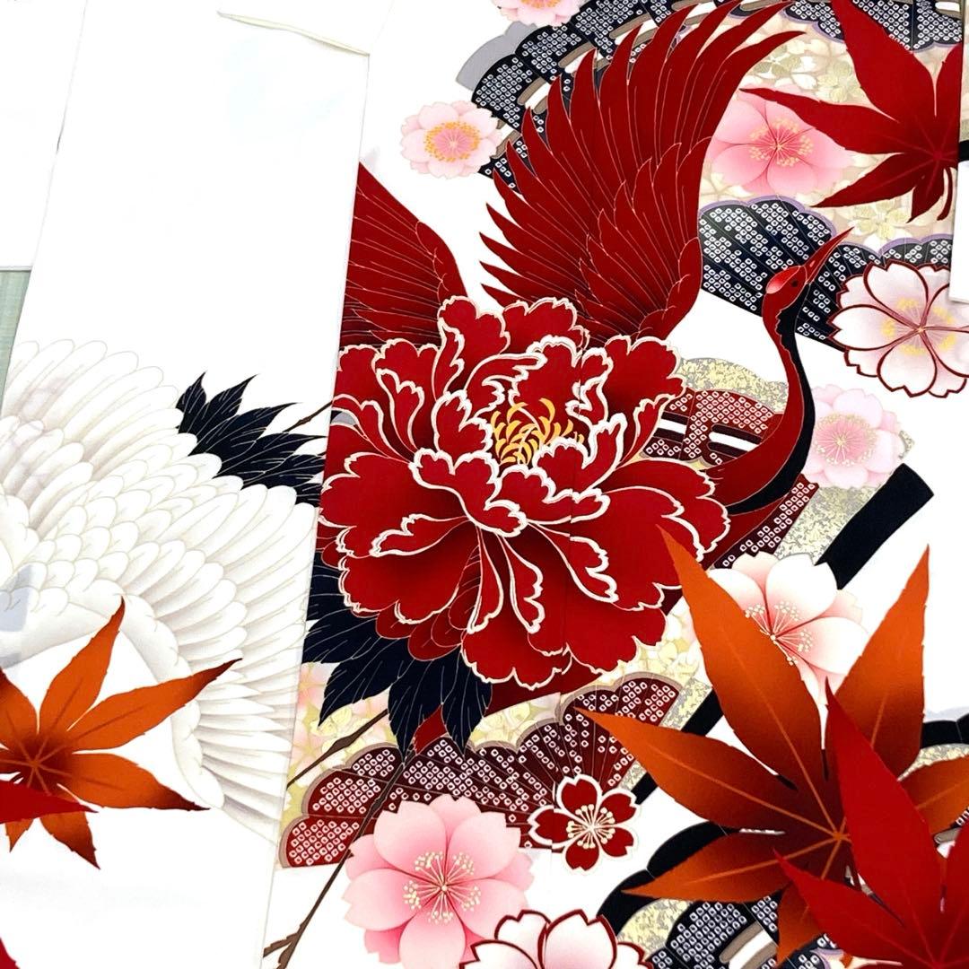 ☆中古品☆振袖　単品　化繊　ジャパンスタイル　白地鶴模様振袖