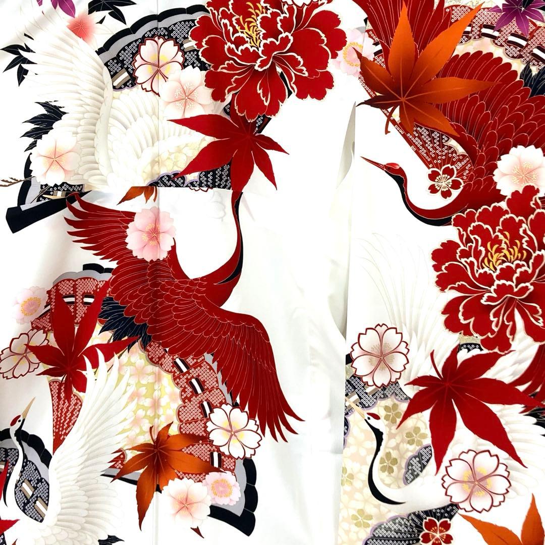 ☆中古品☆振袖　単品　化繊　ジャパンスタイル　白地鶴模様振袖