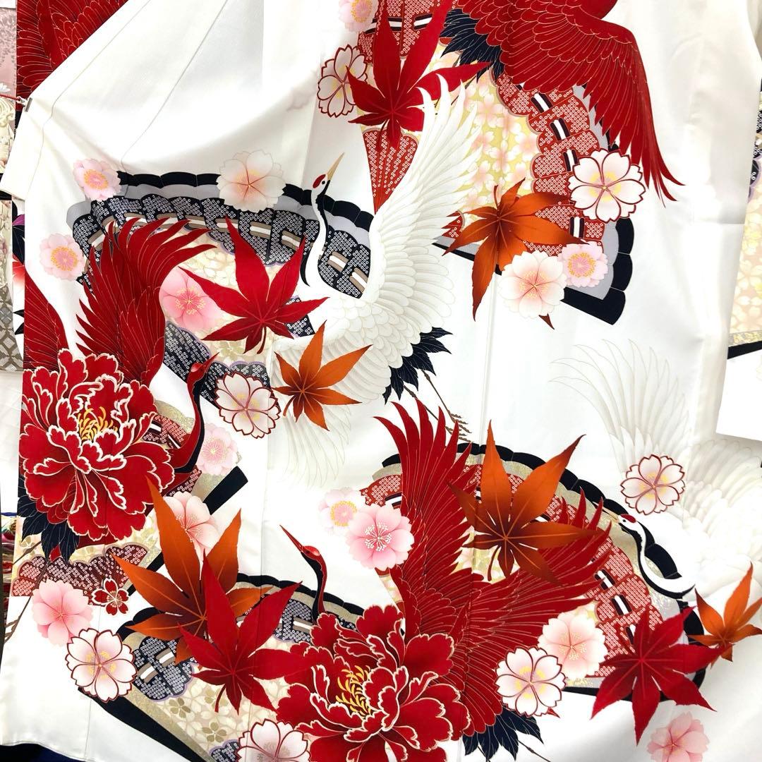 ☆中古品☆振袖　単品　化繊　ジャパンスタイル　白地鶴模様振袖