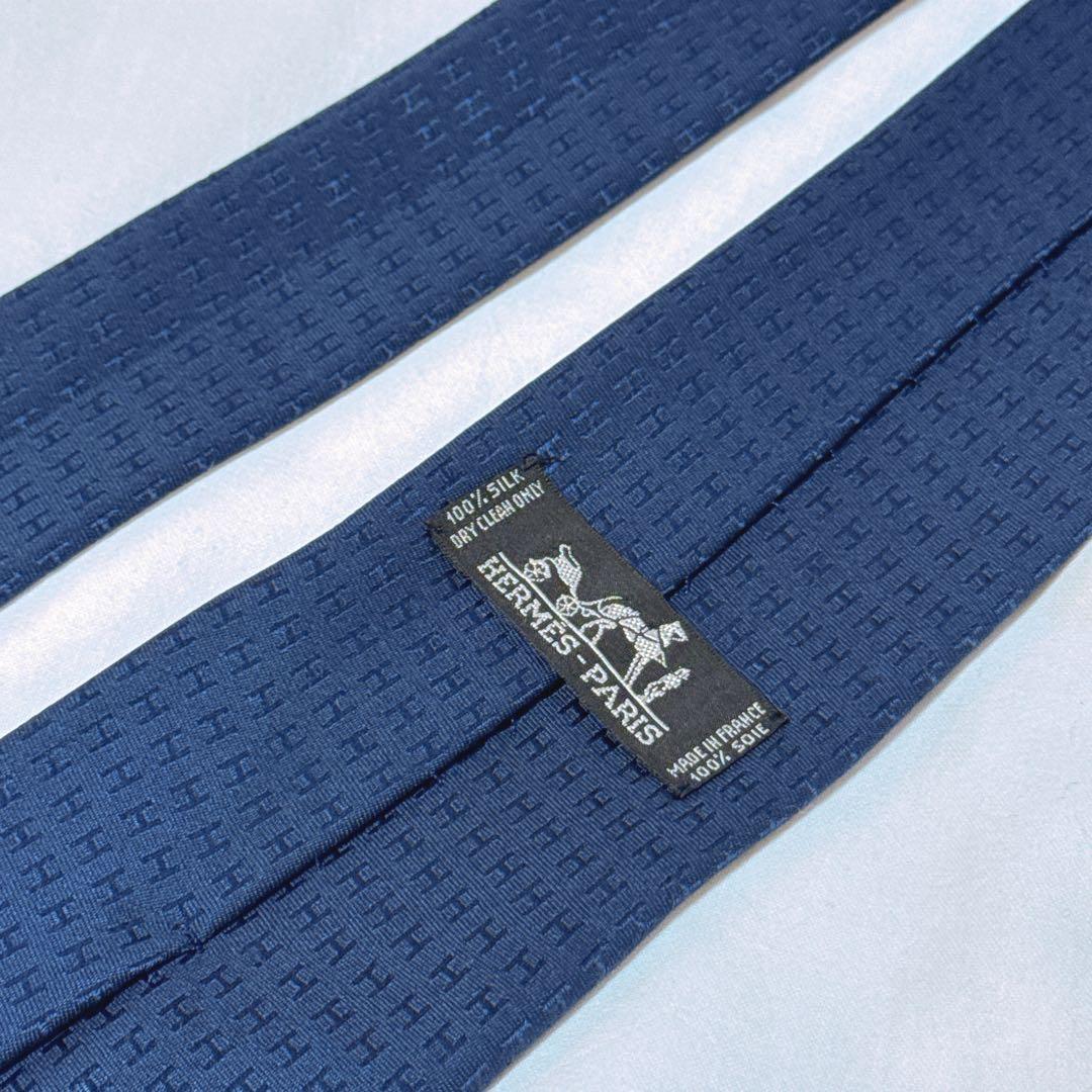 HERMES エルメス ネクタイ ネイビー 紺 光沢 ジャガード ファソネ H柄