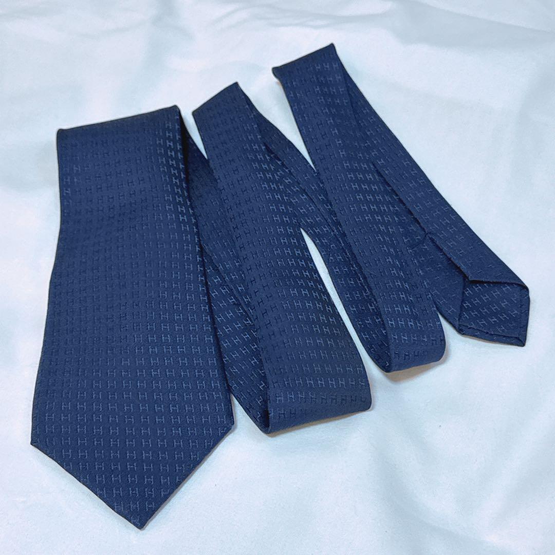 HERMES エルメス ネクタイ ネイビー 紺 光沢 ジャガード ファソネ H柄