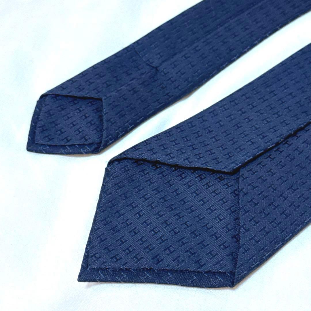 HERMES エルメス ネクタイ ネイビー 紺 光沢 ジャガード ファソネ H柄