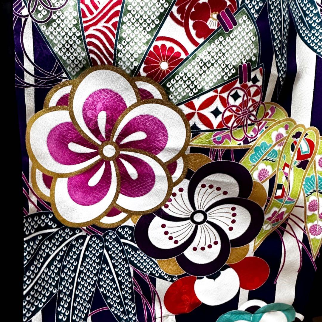 振袖　着物リメイク　ドレス　黒×檜扇に梅や松　和柄　ワンピース　ハンドメイド