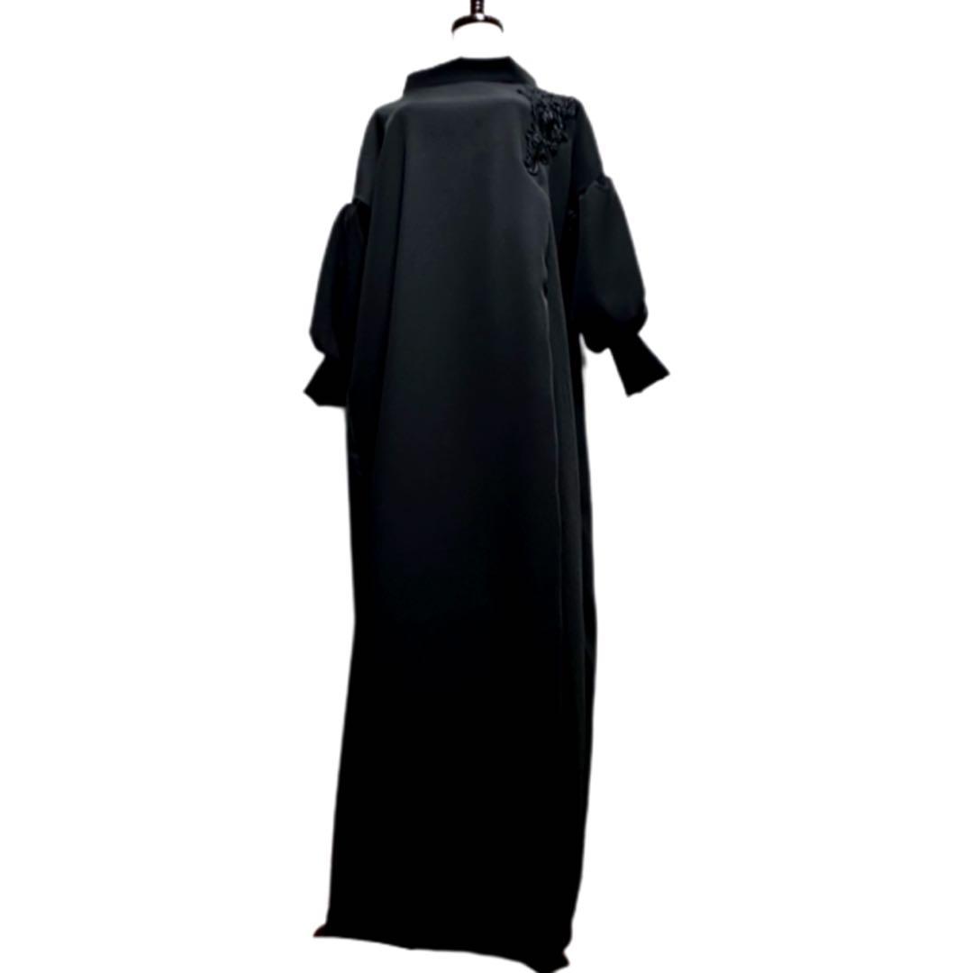 振袖　着物リメイク　ドレス　黒×檜扇に梅や松　和柄　ワンピース　ハンドメイド