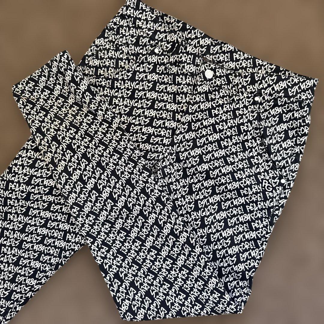 防寒　蓄熱　裏地付き　パーリーゲイツ　パンツ　総柄　M〜L相当　紺　白　ネイビー