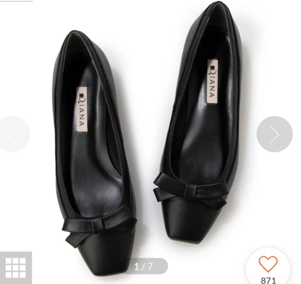 DIANA ブラック リボン付き フラットパンプス