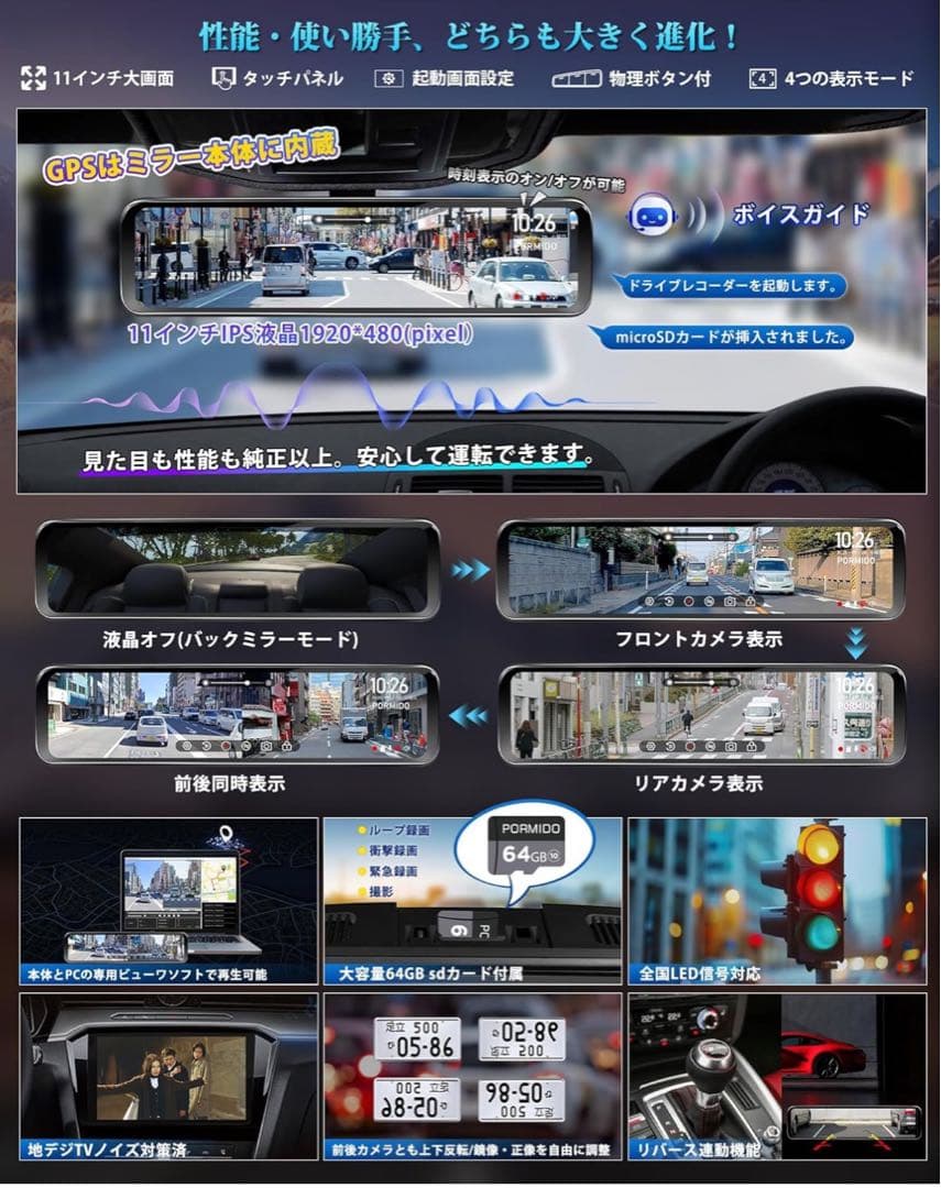 値下げ！PORMIDO スマートデジタルインナーミラー PRD8XC