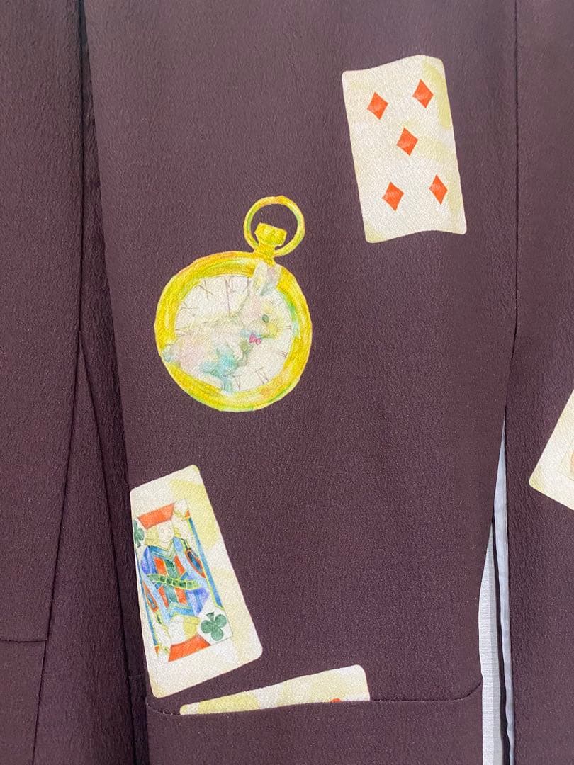 居内商店　トランプ模様 うさぎ柄　袷着物　ボルドー　不思議の国のアリス