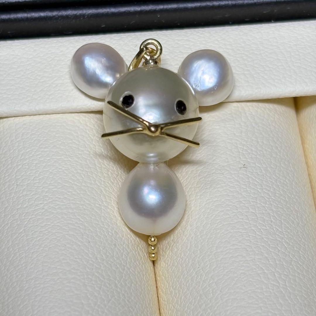 P04 K18　ケシ　白蝶真珠　ネズミ　あこやパール　ペンダント　ブラックダイヤ