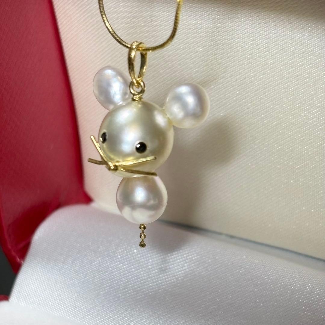 P04 K18　ケシ　白蝶真珠　ネズミ　あこやパール　ペンダント　ブラックダイヤ