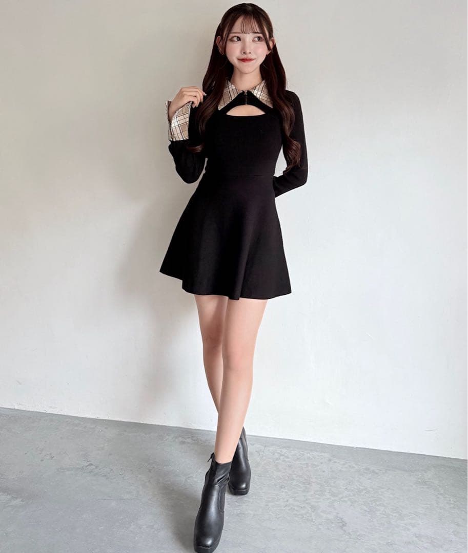 【新品未使用】NOMAE チェックカラーミニニットワンピース　ブラック