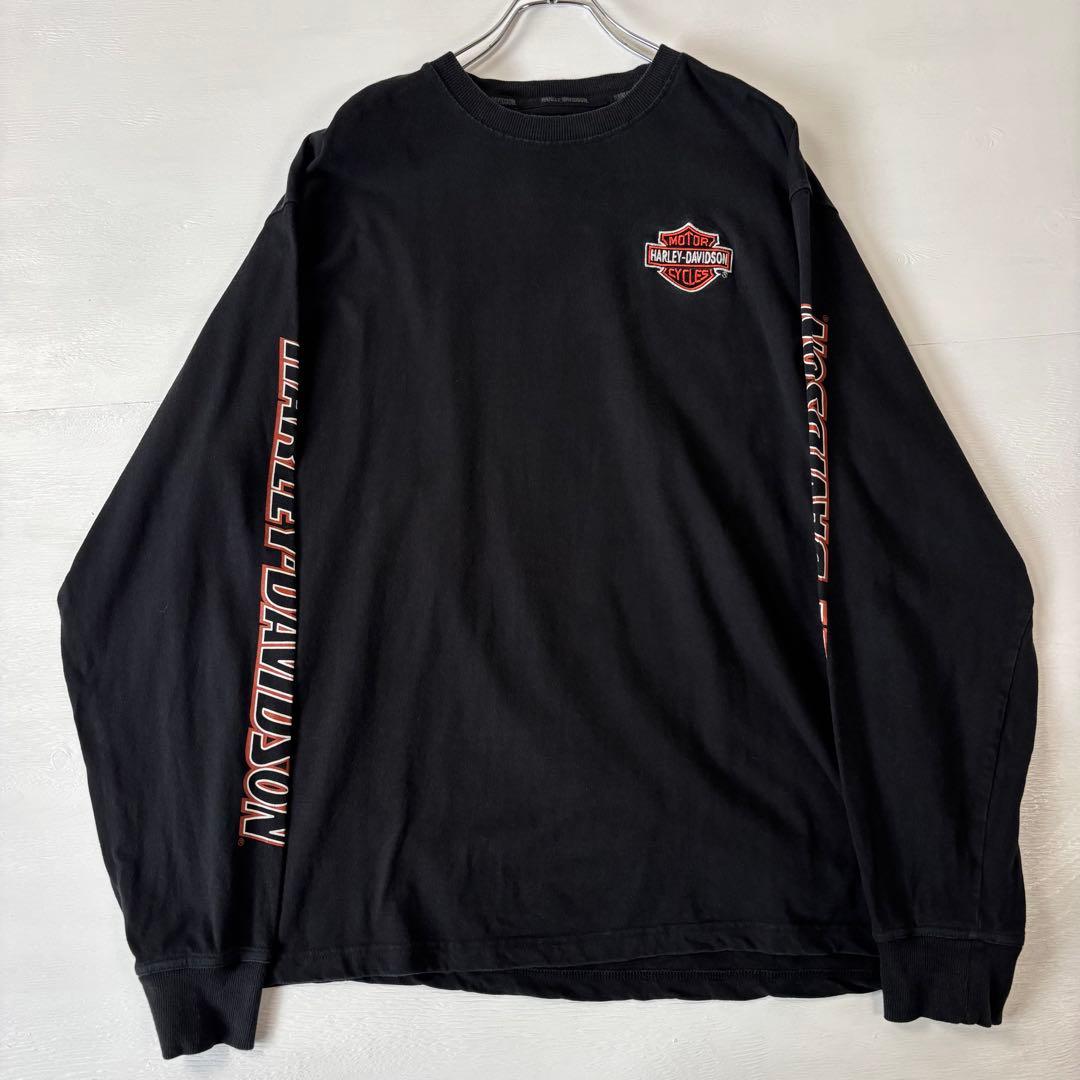 ハーレーダビッドソン　ロングTシャツ　刺繍ロゴ　XLサイズ　ブラック　古着