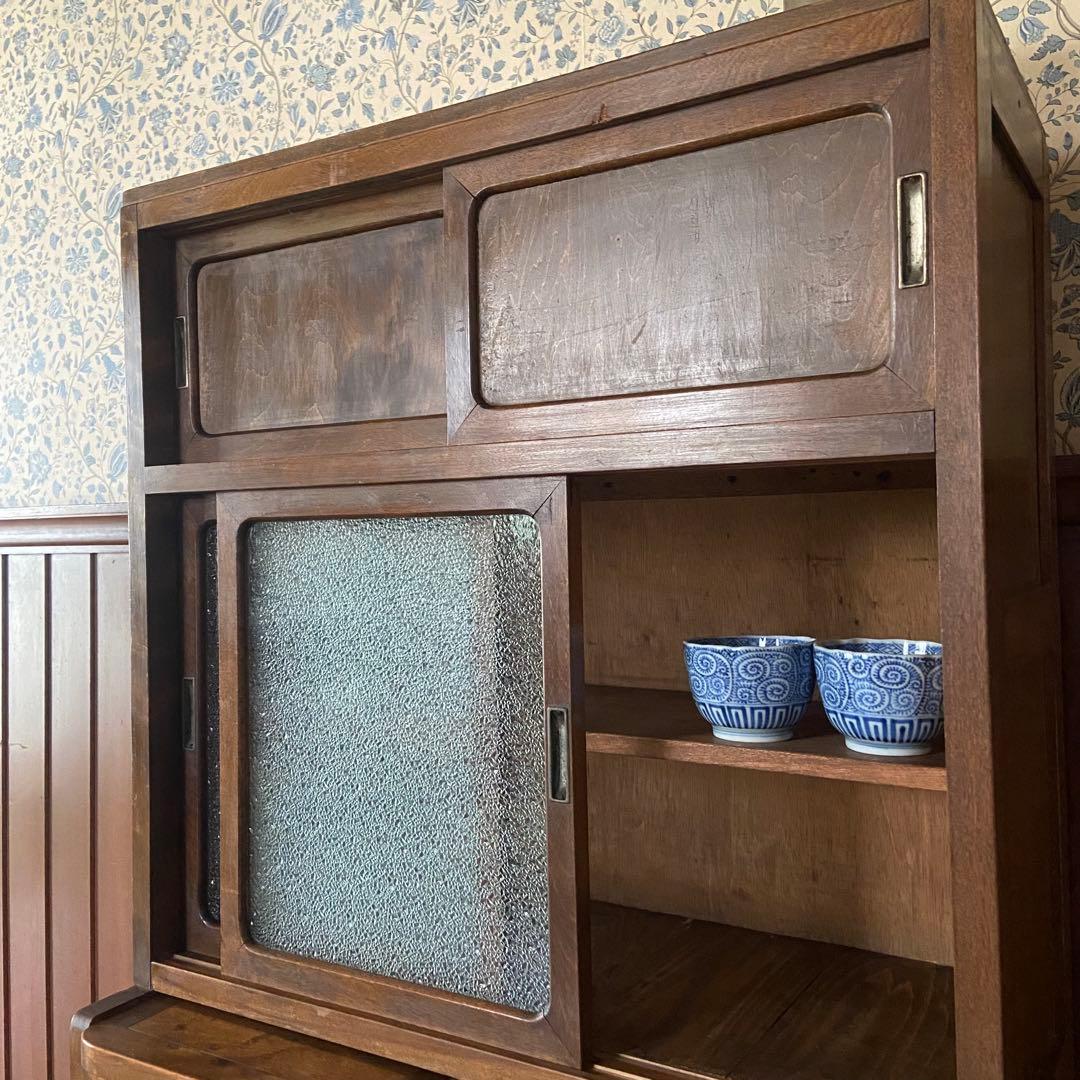 アンティーク　食器棚　置き台付き　希少な棚　ダイヤガラス　戸棚　昭和レトロ