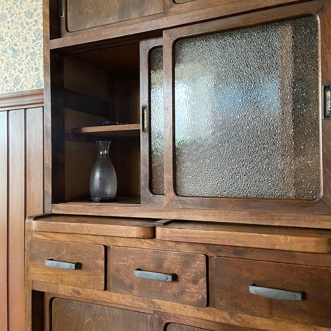 アンティーク　食器棚　置き台付き　希少な棚　ダイヤガラス　戸棚　昭和レトロ