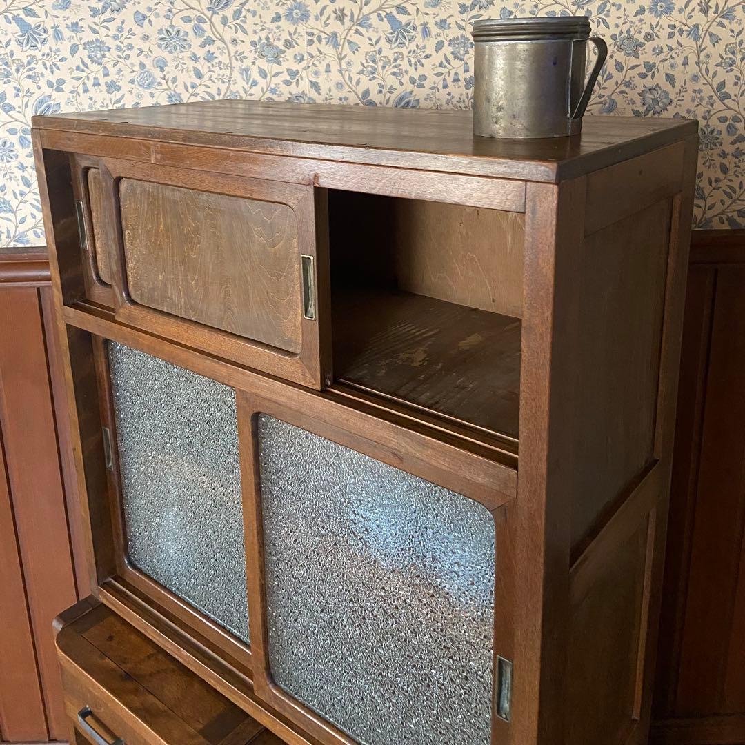 アンティーク　食器棚　置き台付き　希少な棚　ダイヤガラス　戸棚　昭和レトロ