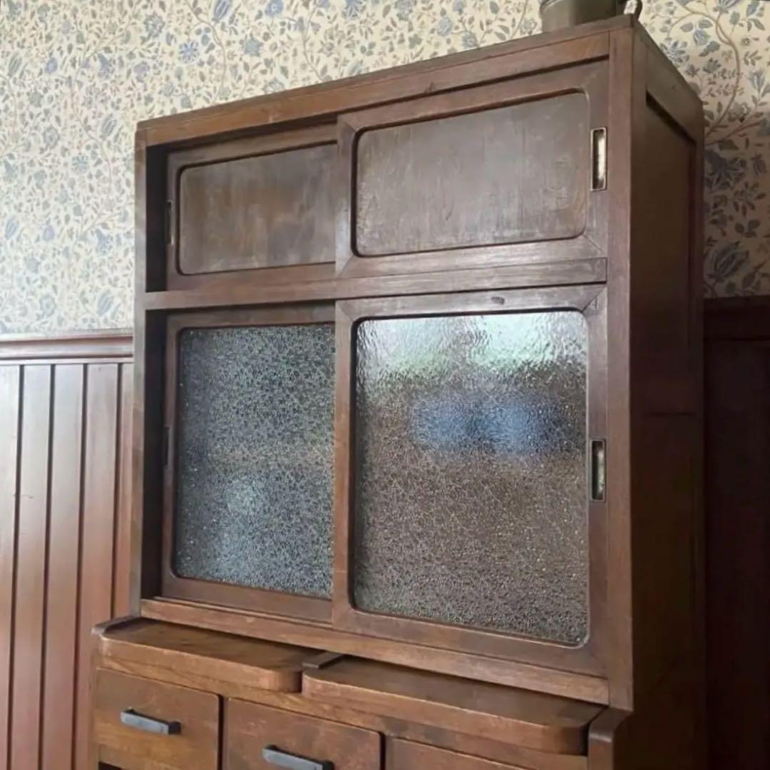 アンティーク　食器棚　置き台付き　希少な棚　ダイヤガラス　戸棚　昭和レトロ