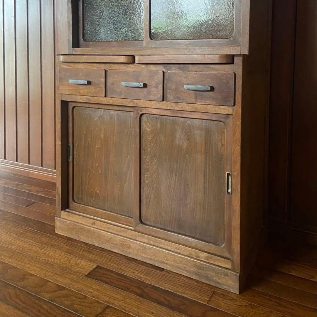 アンティーク　食器棚　置き台付き　希少な棚　ダイヤガラス　戸棚　昭和レトロ