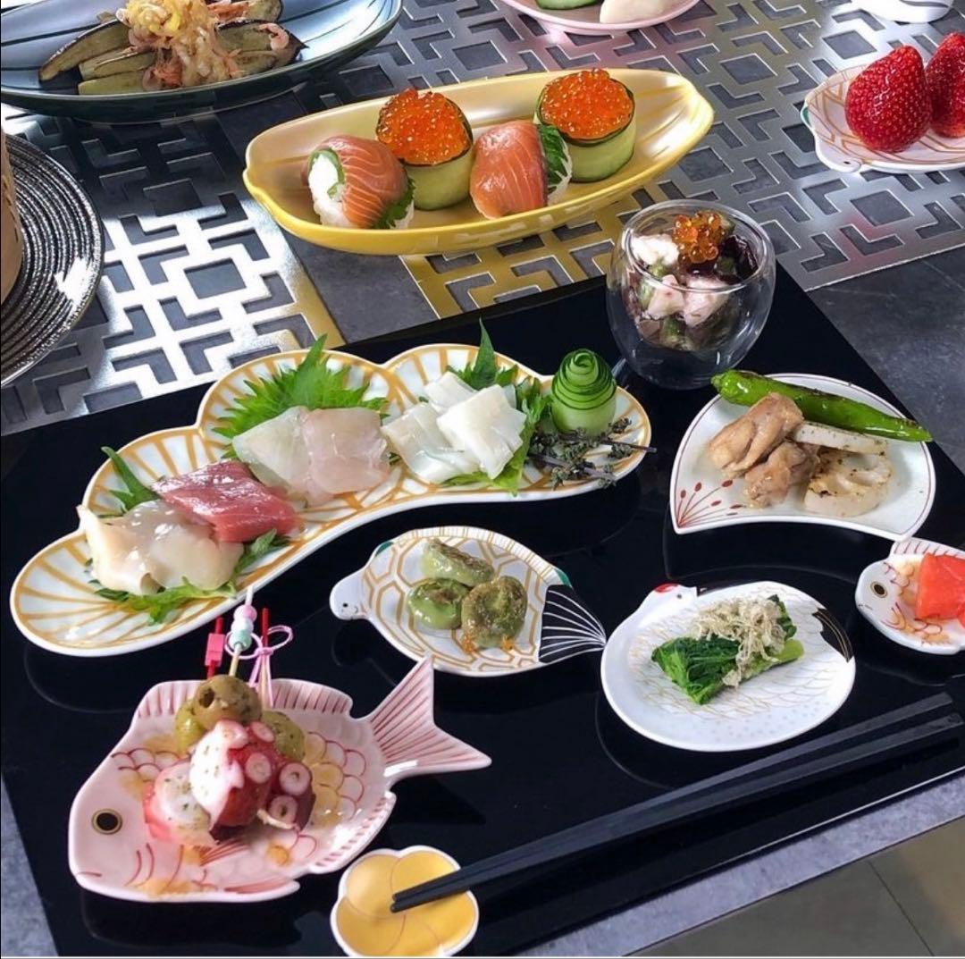 じょびん様ご依頼品　幸楽窯　錦金松葉形前菜皿　茶緑金　白金　赤金　3点セット