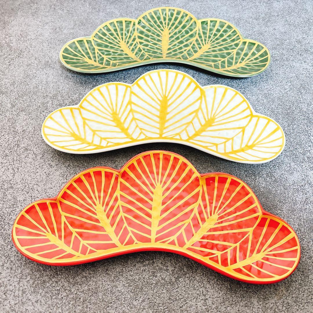 じょびん様ご依頼品　幸楽窯　錦金松葉形前菜皿　茶緑金　白金　赤金　3点セット