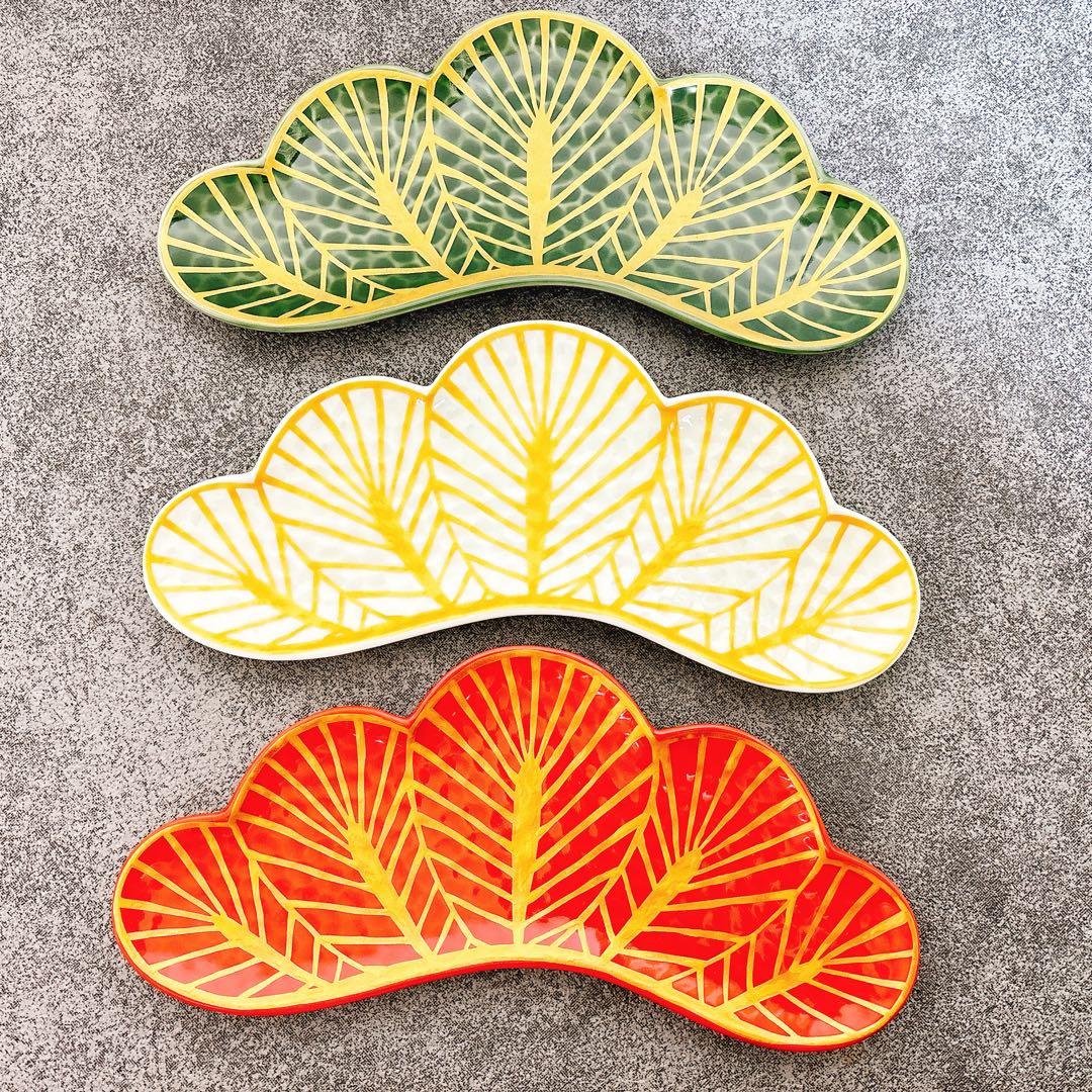 じょびん様ご依頼品　幸楽窯　錦金松葉形前菜皿　茶緑金　白金　赤金　3点セット