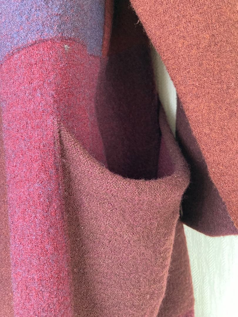 ヨーガンレール　パッチワーク風ニットロングコート　赤紫茶系 大きめゆったりサイズ