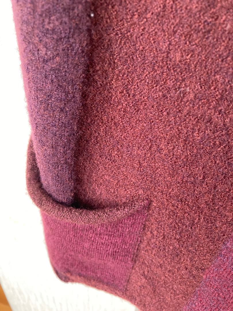 ヨーガンレール　パッチワーク風ニットロングコート　赤紫茶系 大きめゆったりサイズ