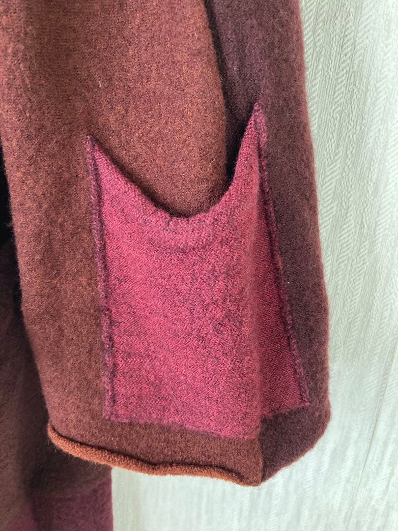 ヨーガンレール　パッチワーク風ニットロングコート　赤紫茶系 大きめゆったりサイズ