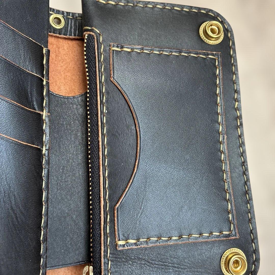 【茶芯ブラック】ミドルトラッカーウォレット　真鍮　お札を折らずに収納　タイプB