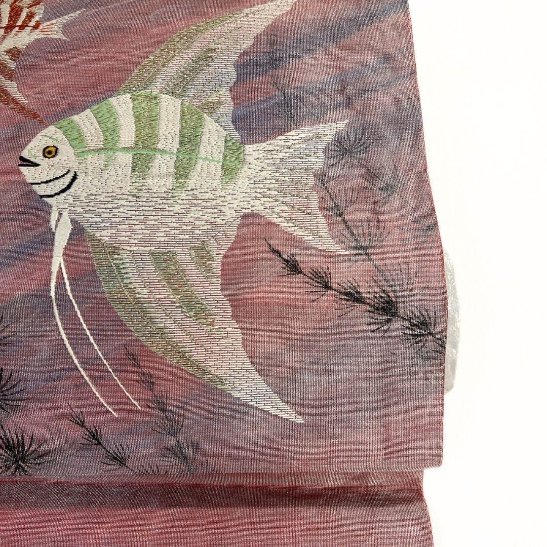 名古屋帯　アンティーク　刺繍　エンジェルフィッシュ　水草　夏用　紗　042a p