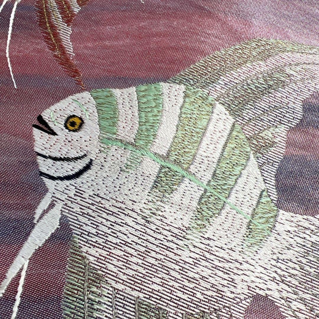 名古屋帯　アンティーク　刺繍　エンジェルフィッシュ　水草　夏用　紗　042a p