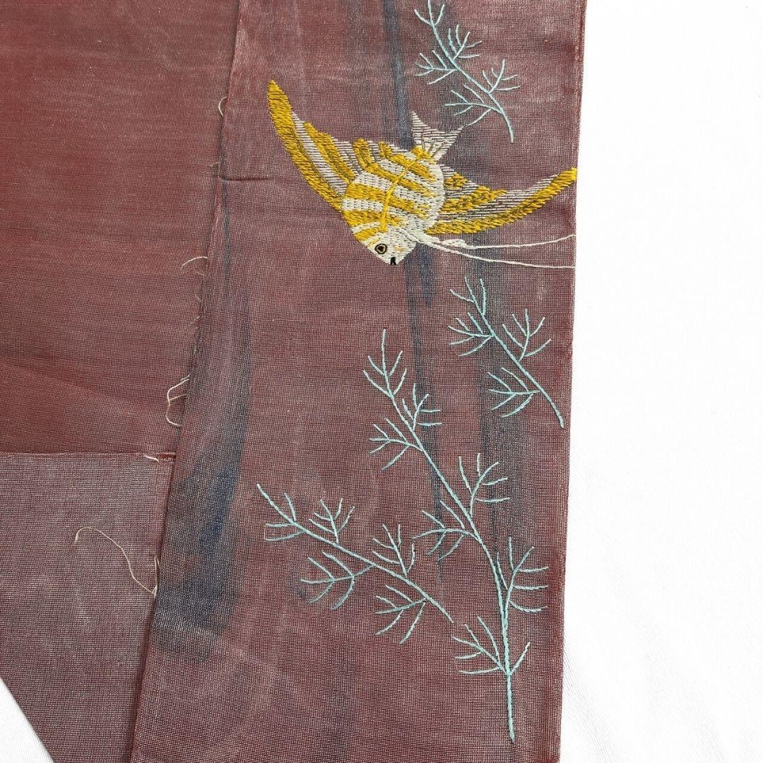 名古屋帯　アンティーク　刺繍　エンジェルフィッシュ　水草　夏用　紗　042a p