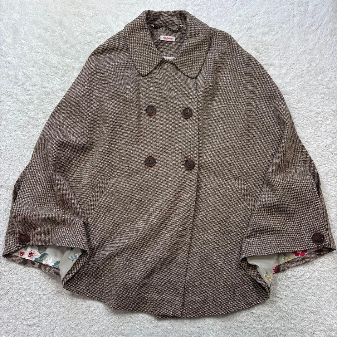 美品　キャスキッドソン　ウールツイードケープコート　ポンチョ　裏花柄