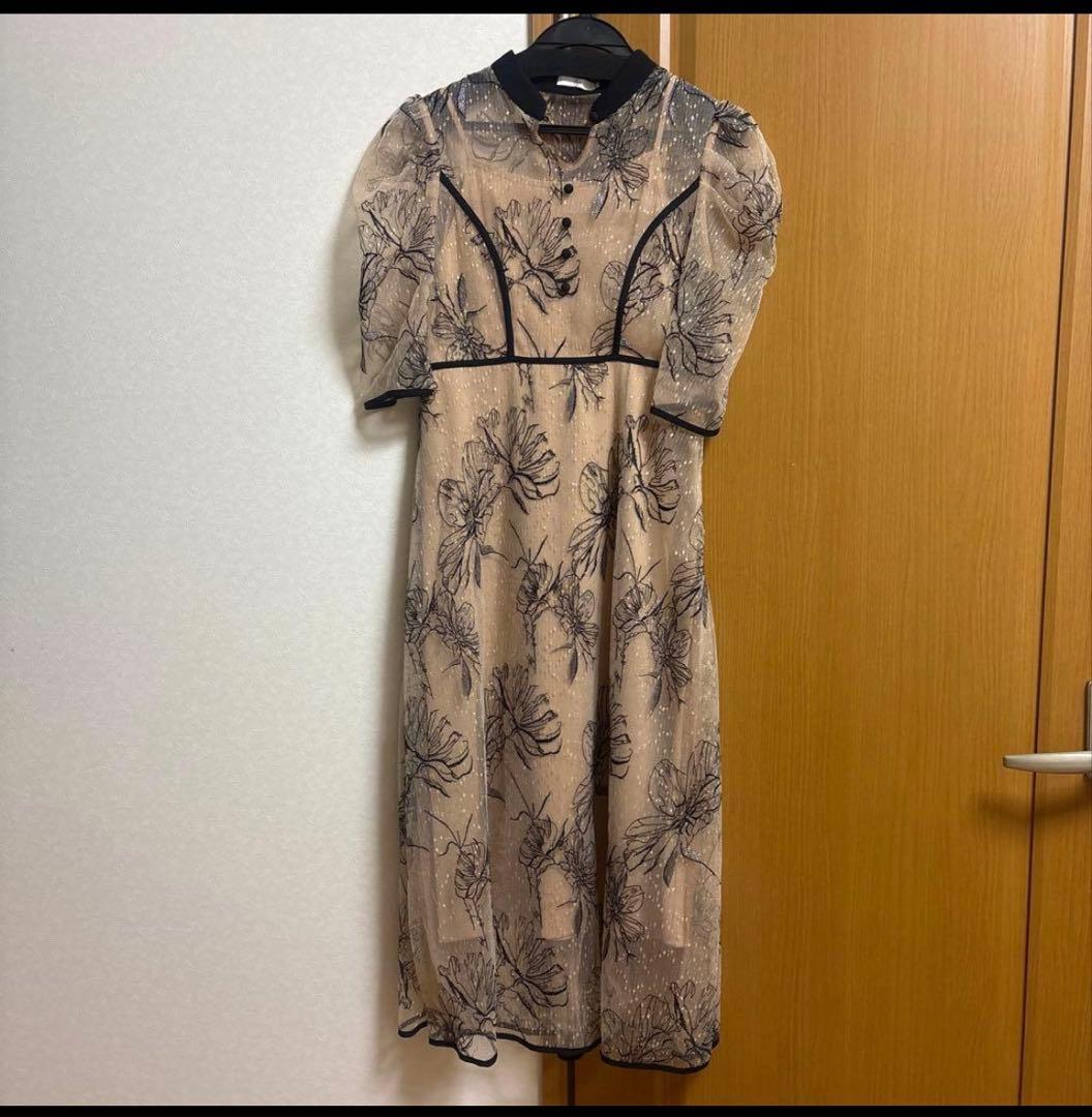 【LEJA】配色パイピングプチハイネック花柄刺繍ラメレースロングドレスワンピース