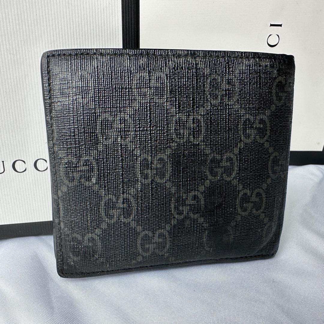 GUCCI グッチ 折り財布 ウルフ GGスプリーム ブラック レザー