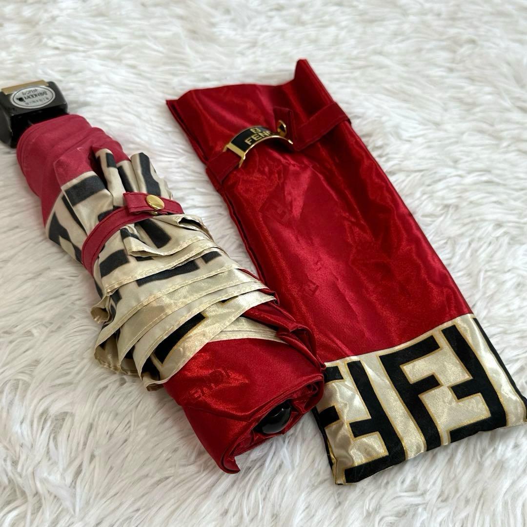 良品✨ フェンディ 折り畳み傘 ズッカ柄 赤 金 手動開閉 傘袋付き