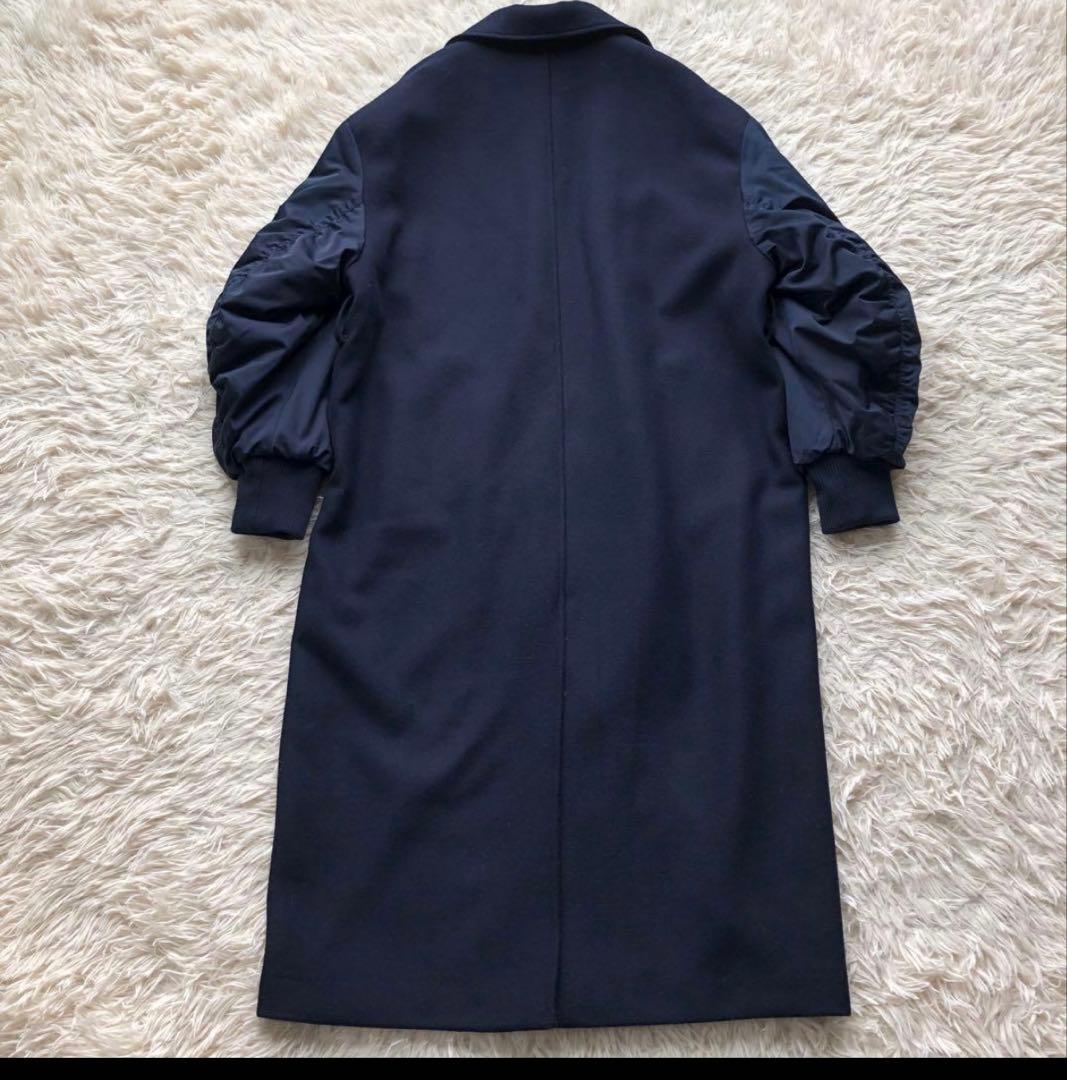 【極美品 22AW】ザラ　マッチングボンバーコート　紺　毛　マキシ丈　袖切替　L