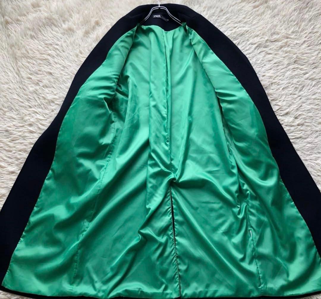 【極美品 22AW】ザラ　マッチングボンバーコート　紺　毛　マキシ丈　袖切替　L