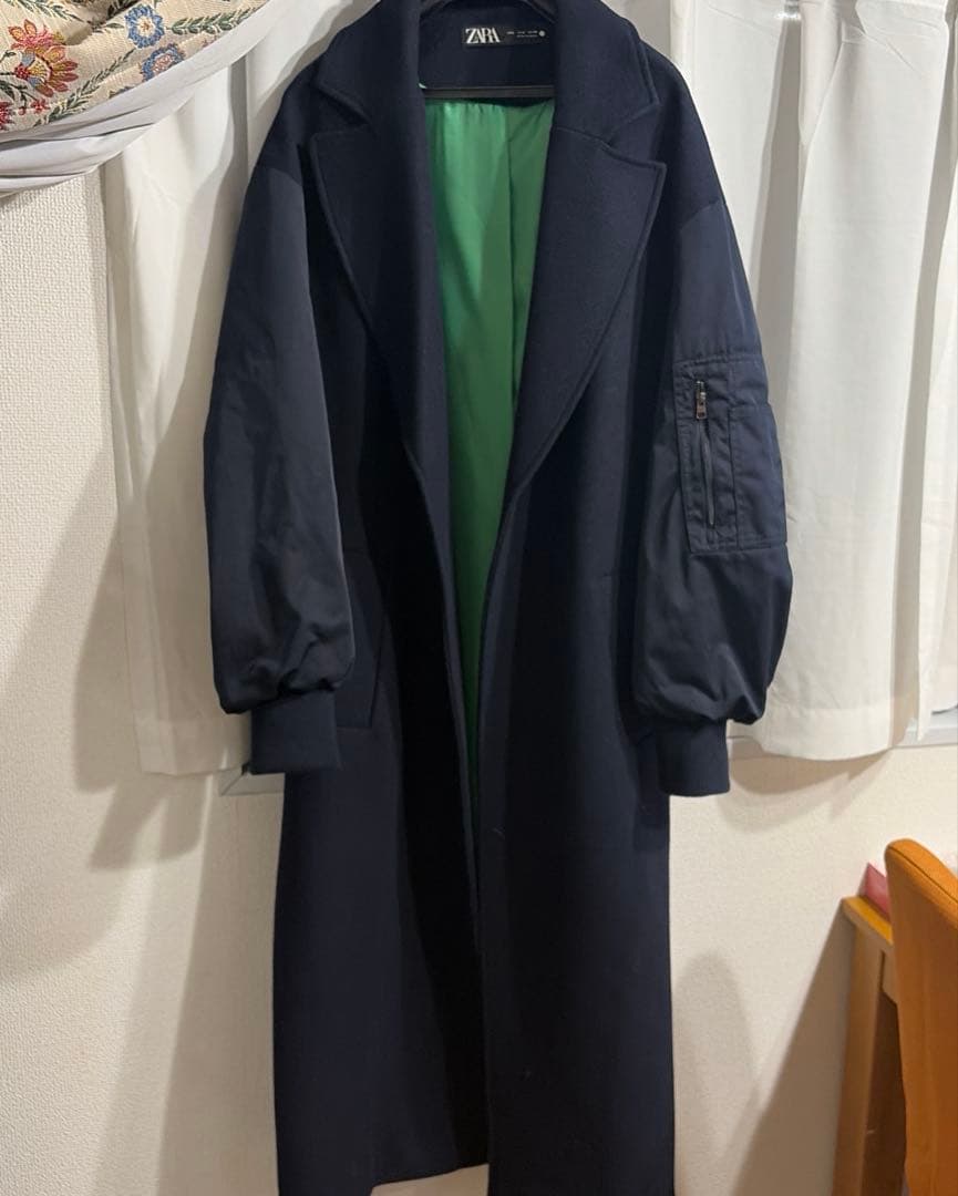 【極美品 22AW】ザラ　マッチングボンバーコート　紺　毛　マキシ丈　袖切替　L