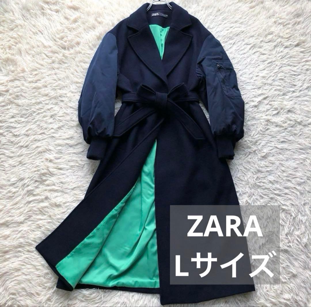 【極美品 22AW】ザラ　マッチングボンバーコート　紺　毛　マキシ丈　袖切替　L