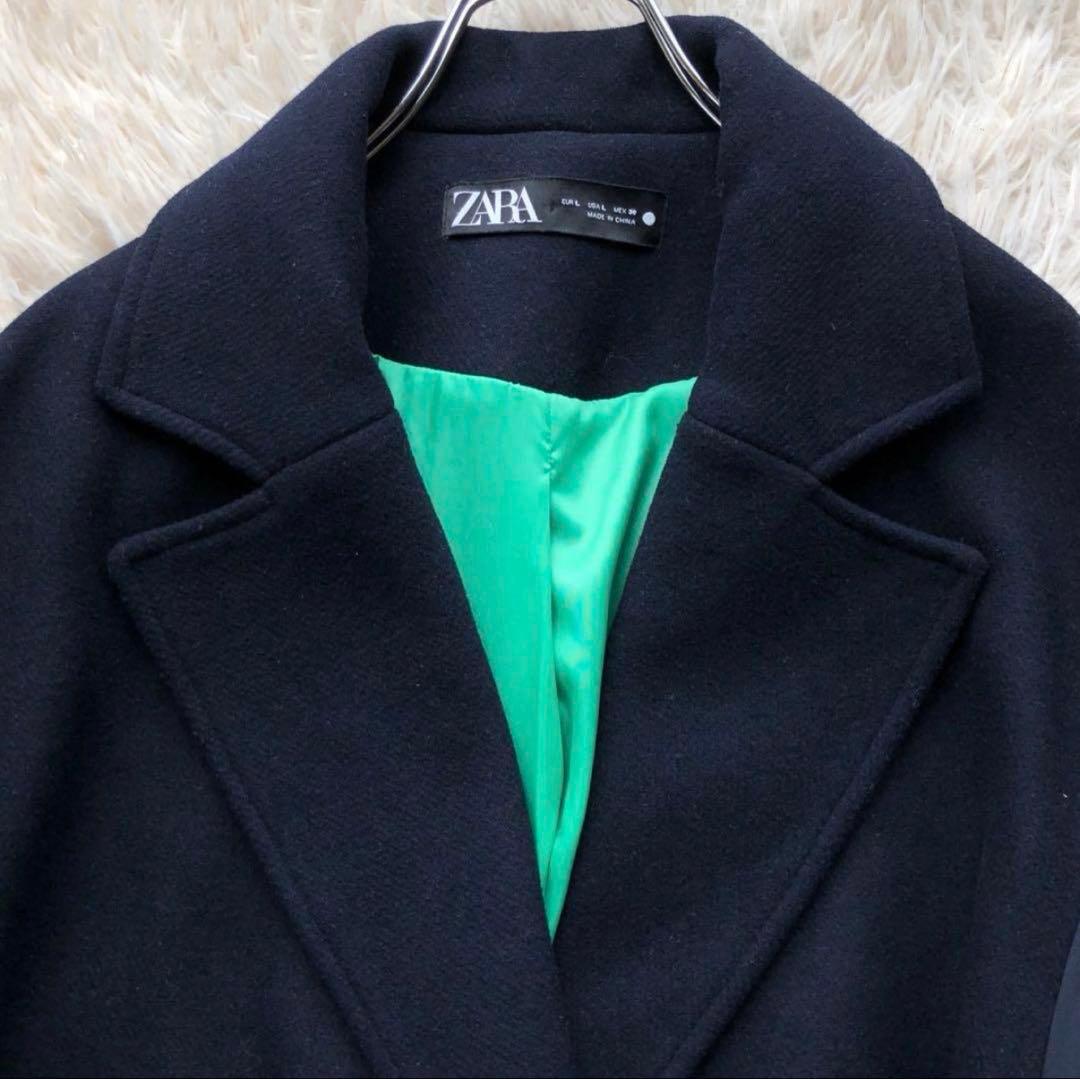 【極美品 22AW】ザラ　マッチングボンバーコート　紺　毛　マキシ丈　袖切替　L