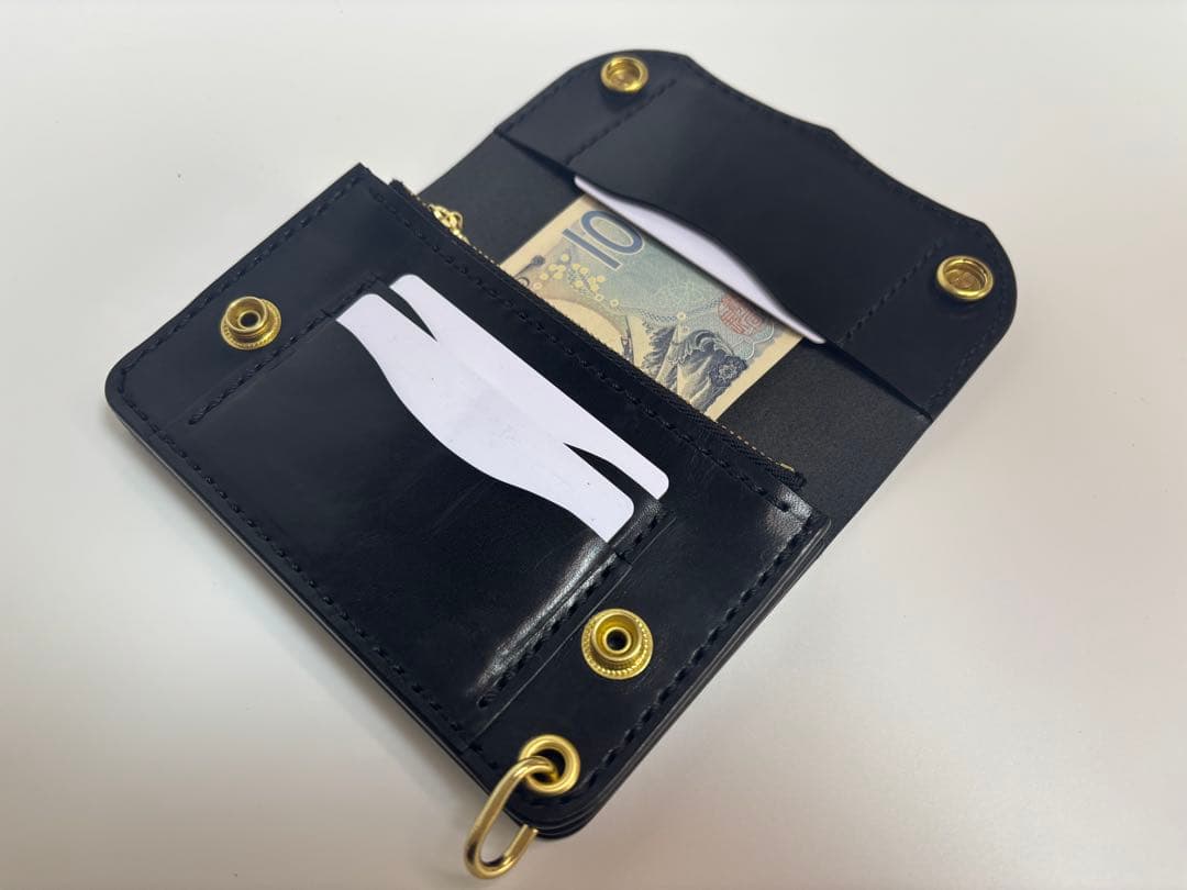 黒　栃木サドルレザー　トラッカーウォレット　三層　真鍮　クロスボールコンチョ