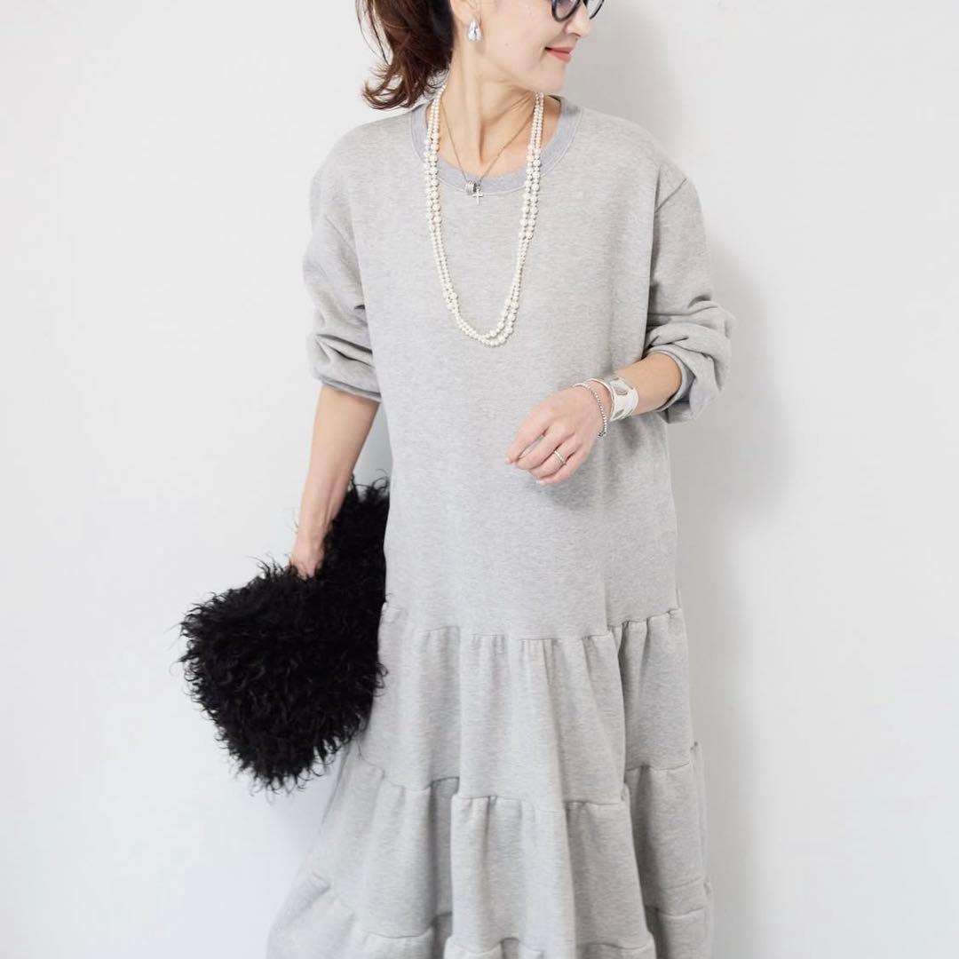 plusOTOHA裏起毛ティアードスウェットワンピース/グレー