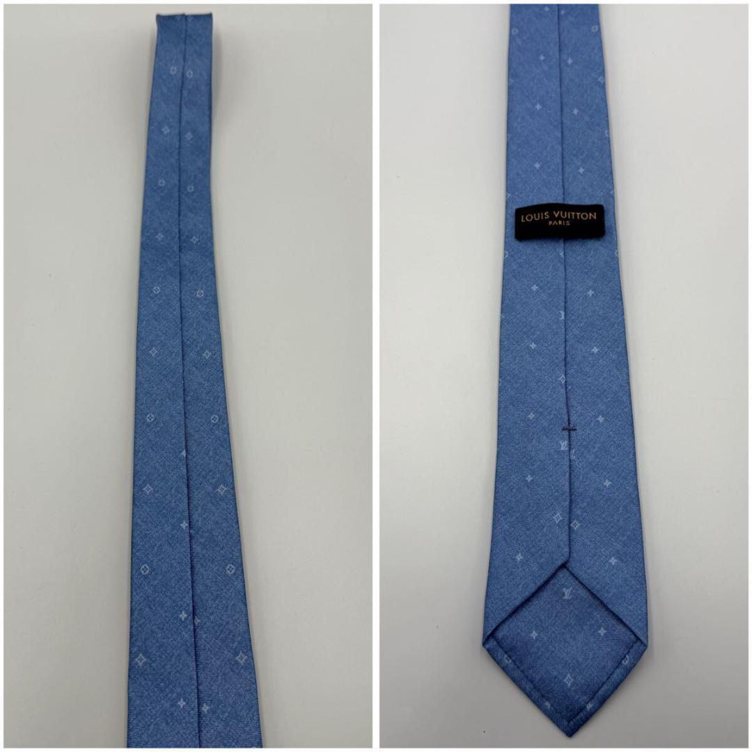 極美品 ルイヴィトン ネクタイ モノグラム ロゴ総柄 フォーマル ライトブルー