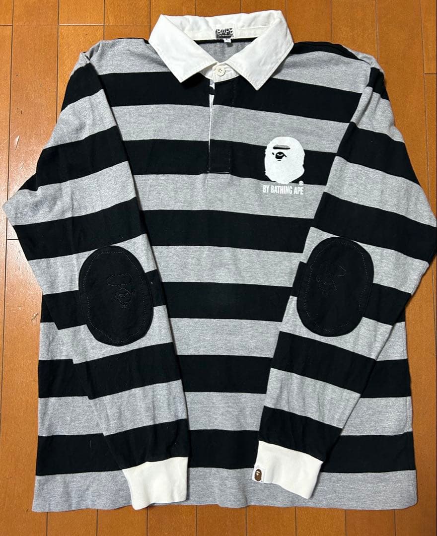 【L】A BATHING APE 黒灰ストライプ　ラガーシャツ