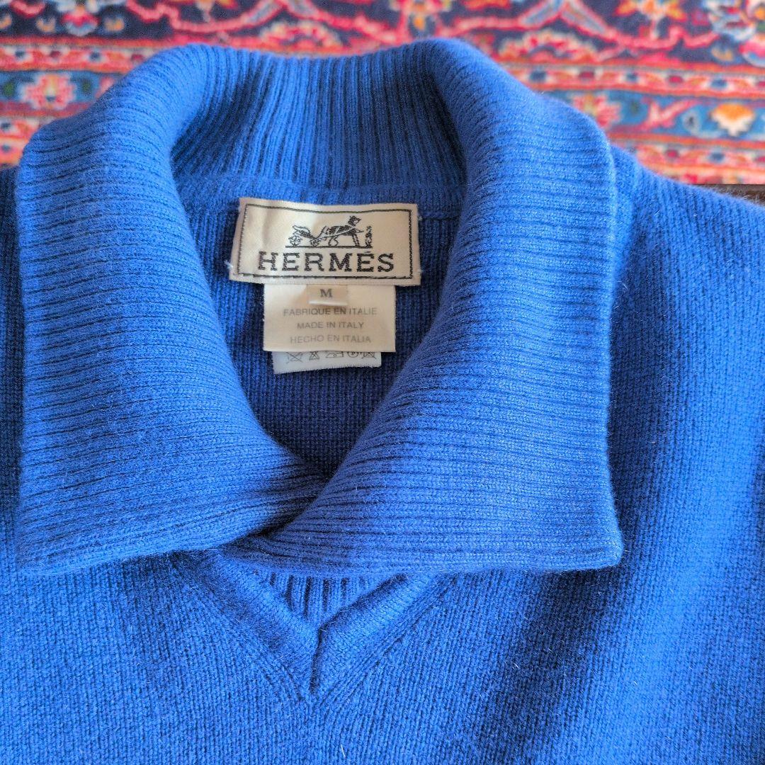 HERMES ブルー Vネックポロシャツ Mサイズ肉厚カシミヤ100%